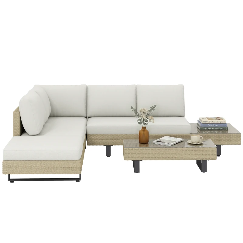 Outsunny Conjunto de Jardim em Vime de 3 peças com Sofá Modular de 3 e 2 Lugares Mesa Lateral e Mesa de Centro Bege