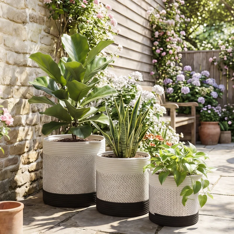 Outsunny Plant Pots Handwoven Cotton Indoor Planters with Waterproof Liner Set of 3 White