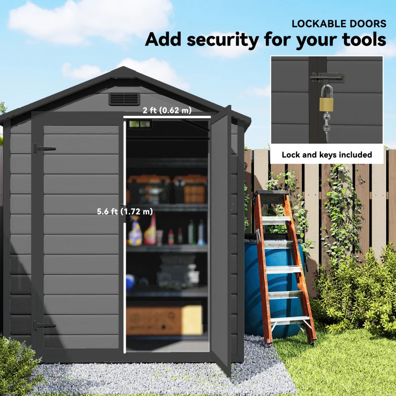 Outsunny 6'x4.5' Garden Storage Shed, Lockable Garden Shed with Double Doors, Window, Vent and Plastic Roof, Dark Grey