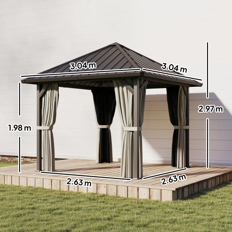 Outsunny 3 x 3(m) Hardtop Gazebo with Galvanised Steel Roof and Water Gutter, Waterproof Permanent Pavilion Garden Gazebo with Netting and Curtains for Patio, Deck, Black