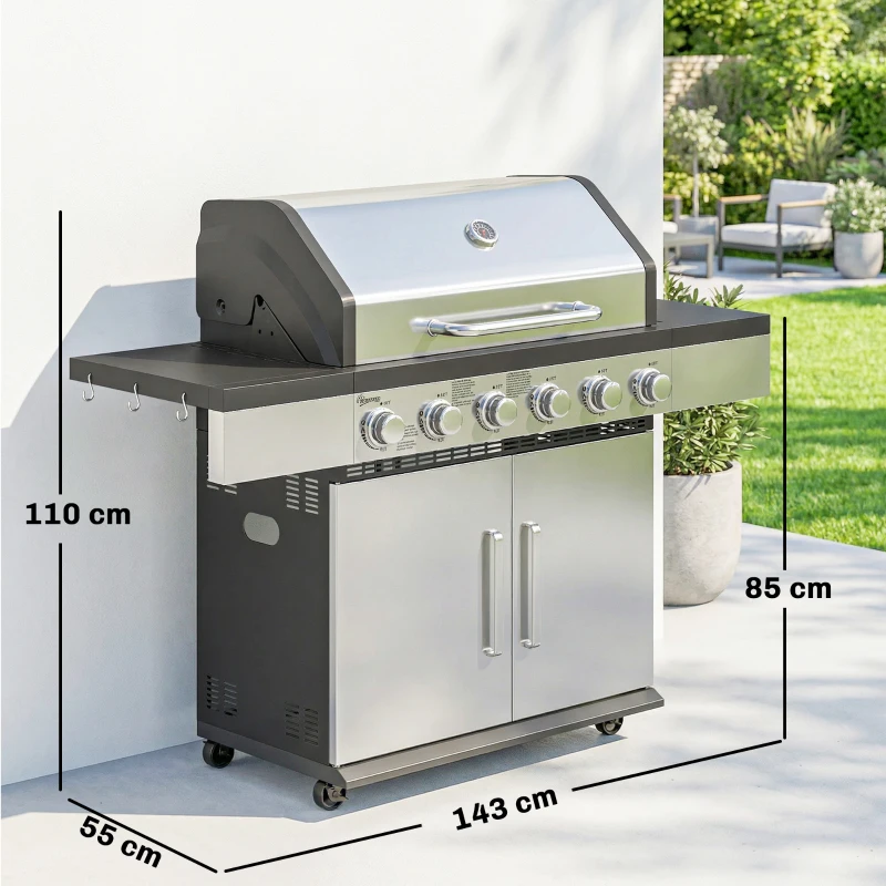 Outsunny 6 Burner Liquid Propane Gas BBQ Grill, Outdoor Portable Gas Barbecue Grill with Warming Rack, Side Tables, Cabinet