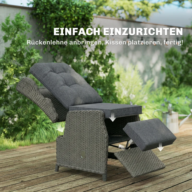 Outsunny Rattanstuhl mit Klapptisch, Liegestuhl Gartenstuhl Verstellbare Rückenlehne und Fußstütze 81 x 58 x 98,5 cm Dunkelgrau