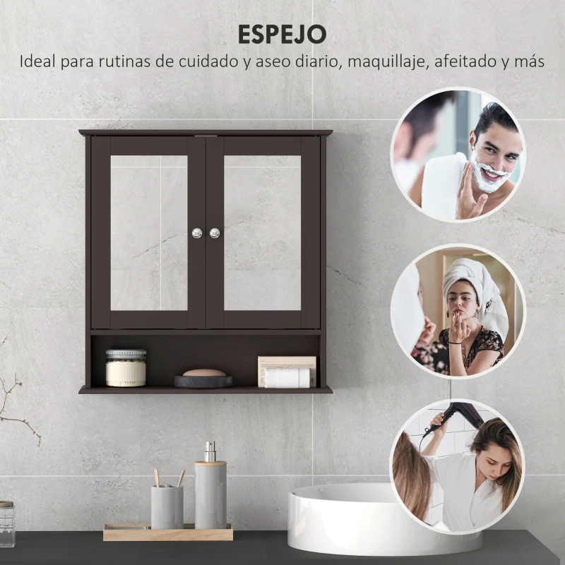 kleankin Armario de Baño con Espejo Armario de Pared con 2 Puertas Estante Abierto Estante Ajustable 56x13x58cm Marrón Oscuro