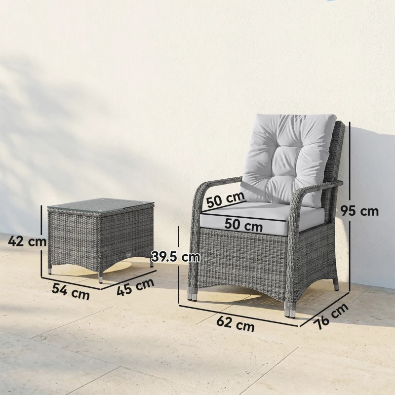 Outsunny 3 Pieces Rattan Bistro Set, Wicker Garden Furniture Set with Metal Frame, Cover, Glass Top Coffee Table, Light Grey