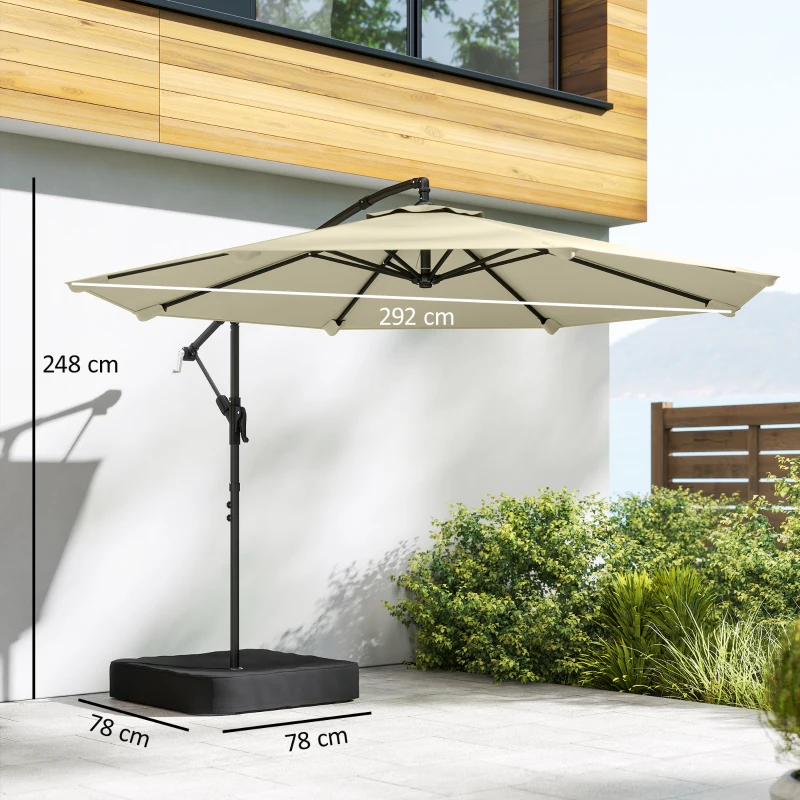 Outsunny 3 m Garden Cantilever Parasol with Cross Base, Sandbag, 360° Rotating Overhanging Banana Umbrella, Beige