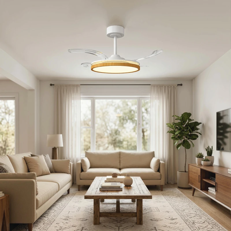 HOMCOM Ventilateur de plafond avec lumière et télécommande, plafonnier ventilateur 95 cm avec pales rétractables, bois naturel