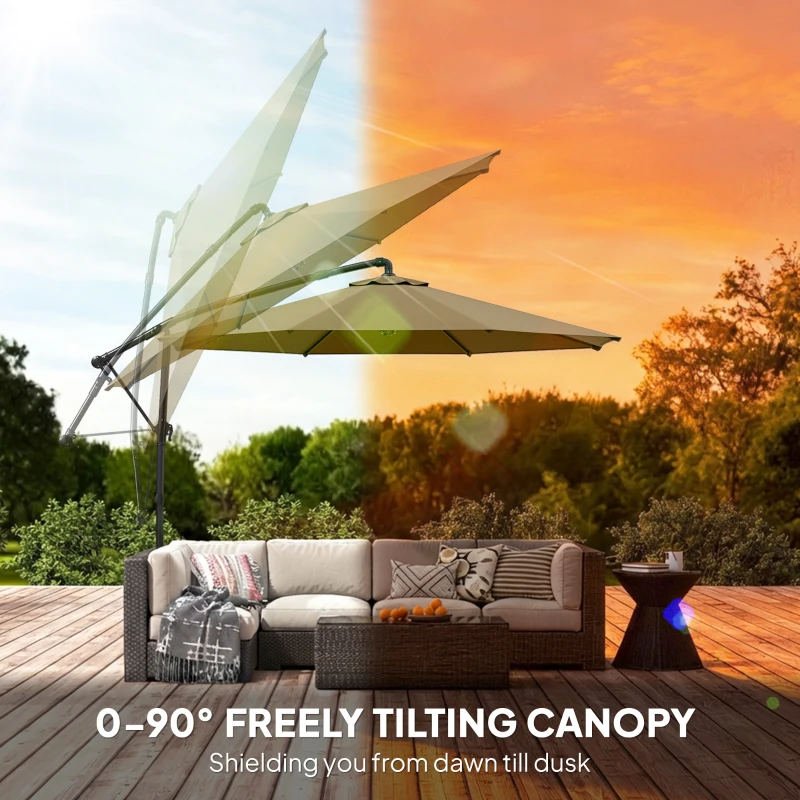 Outsunny 3 m Garden Cantilever Parasol with Cover, Round Overhanging Umbrella with 360° Rotation, Tilt, Khaki