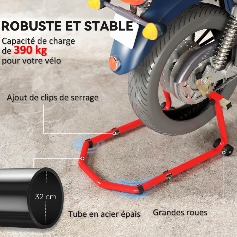 HOMCOM Béquille Moto, Capacité 390 kg, Support Avant et Arrière Réglable avec Fourches U+L, Clips de Serrage, 43x36x64cm, Rouge