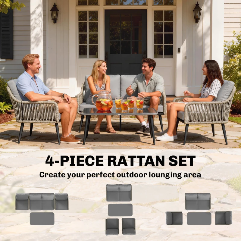 Outsunny Rattan Garden Furniture Set, 4 Piece Outdoor Patio Furniture with Tempered Glass Table and Chairs, Indoor Balcony Conservatory Set