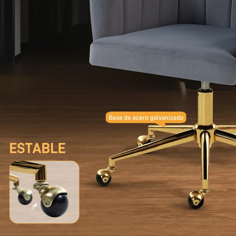 HOMCOM Silla de Oficina con Ruedas de Terciopelo con Respaldo Acolchado Altura Ajustable Espuma Alta Resiliencia Gris