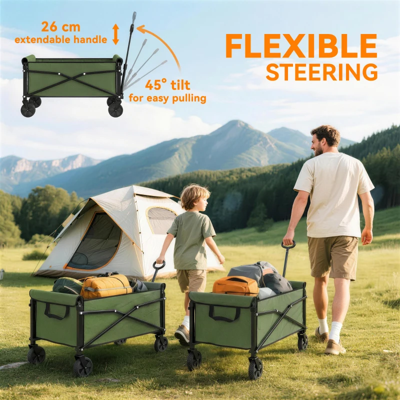 Outsunny 81L Festival Trolley on Wheels, Compact Garden Folding Trolley Cart with Adjustable Handle 80L Green