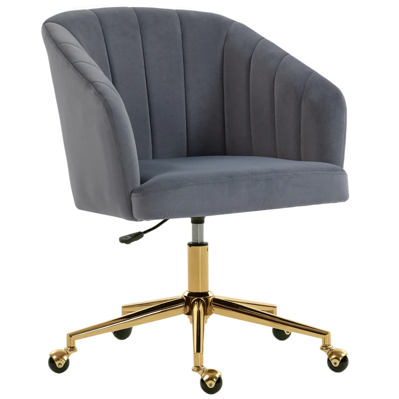 HOMCOM Silla de Oficina con Ruedas de Terciopelo con Respaldo Acolchado Altura Ajustable Espuma Alta Resiliencia Gris