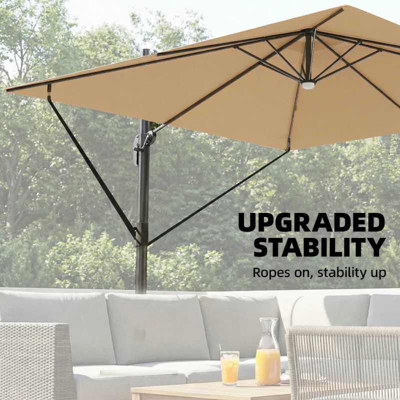 Outsunny 3 x 3 m Garden Cantilever Parasol with Light, Cover, Overhanging Umbrella w/ Wind Protection, 360° Rotation, Khaki