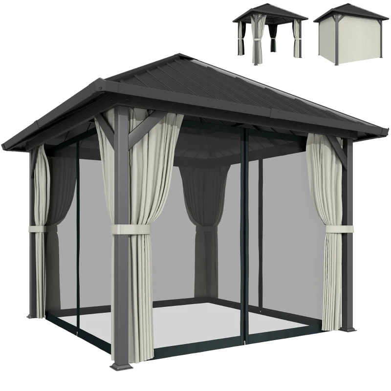 Outsunny 3 x 3(m) Hardtop Gazebo with Galvanised Steel Roof and Water Gutter, Waterproof Permanent Pavilion Garden Gazebo with Netting and Curtains for Patio, Deck, Black