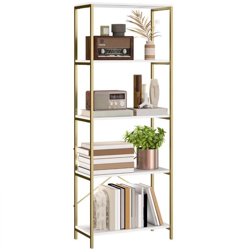 HOMCOM 5-Tier Bookshelf, Modern Bookcase with Metal Frame - White and Gold Tone