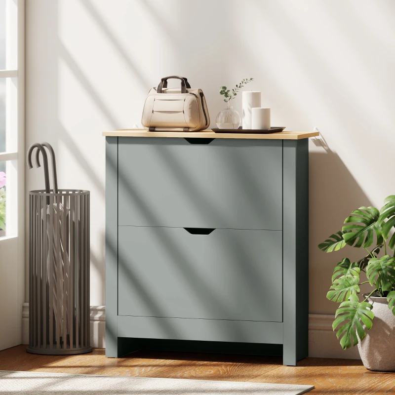 HOMCOM Meuble à chaussures 12 paires, armoire à chaussures étroite avec 2 tiroirs rabattables et étagères réglables, gris clair