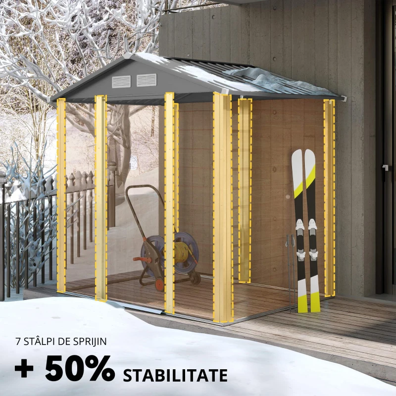 Magazie de grădină robuste din oțel cu uși glisante, efect lemn, 197,5 x 160 x 178‑201 cm – depozitare unelte & scule