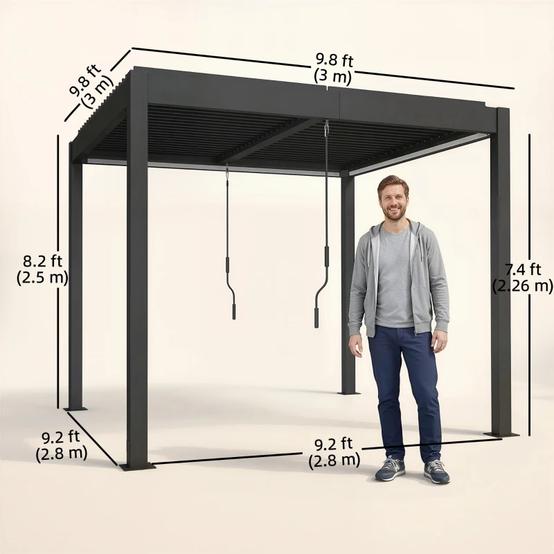 Outsunny 3 x 3 m Louvered Pergola with LED Lights, Metal Louvres, Aluminium Patio Gazebo Pergola, Dark Grey