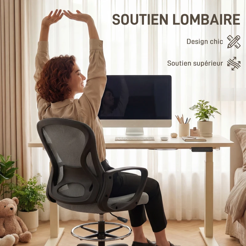Vinsetto Chaise bureau ergonomique, fauteuil de bureau avec repose-pieds et accoudoirs, en maille, 59 x 65 x 123 cm, Gris