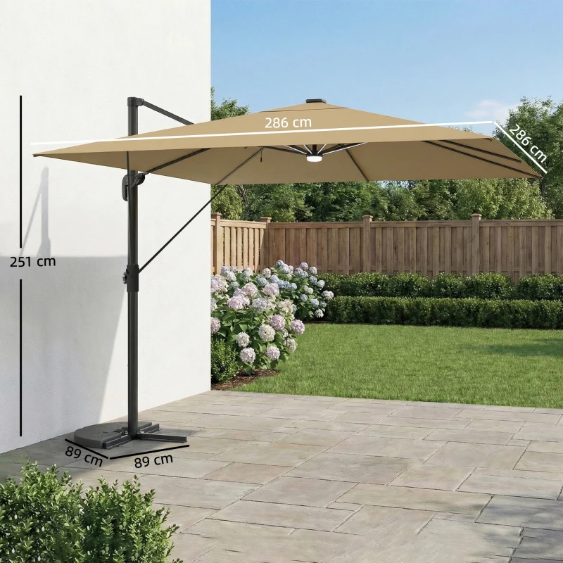 Outsunny 3 x 3 m Garden Cantilever Parasol with Light, Cover, Overhanging Umbrella w/ Wind Protection, 360° Rotation, Khaki