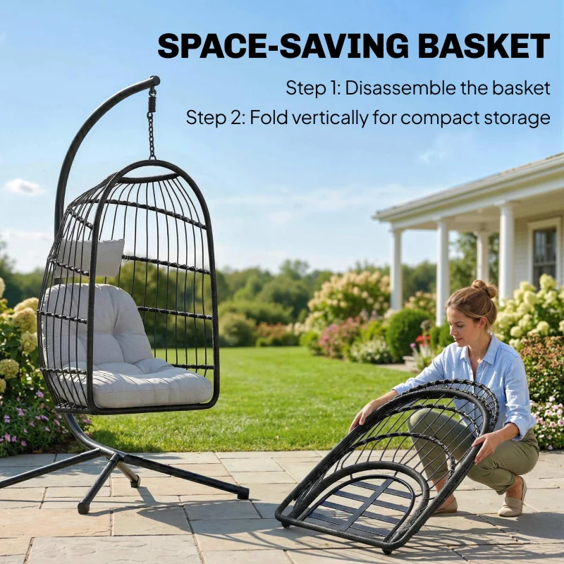 Outsunny Hangstoel met Standaard Opvouwbare Polyrattan Mand met Kussen Veiligheidsgordel Hoofdkussen Banden, Verstelbare Hoogte