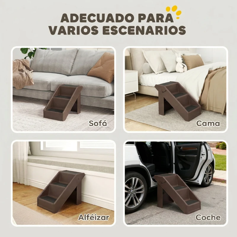 PawHut Escalera para Perros Plegable de 3 Peldaños para Mascotas Mayores para Cama Sofá 53x30,5x36,5 cm Marrón