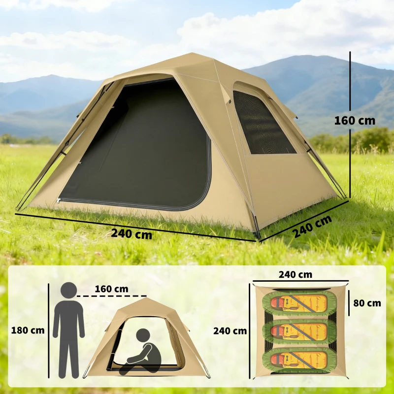 Outsunny Pop Up Tent 3000mm Waterproof Camping Tents with Mesh Windows 2-3 People Khaki