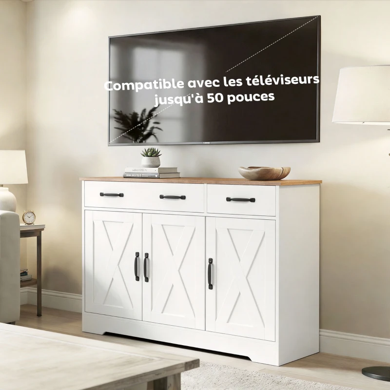 HOMCOM Buffet cuisine, meuble de rangement avec 3 portes de grange, 2 tiroirs et étagères réglables, 108 x 40 x 81 cm, blanc