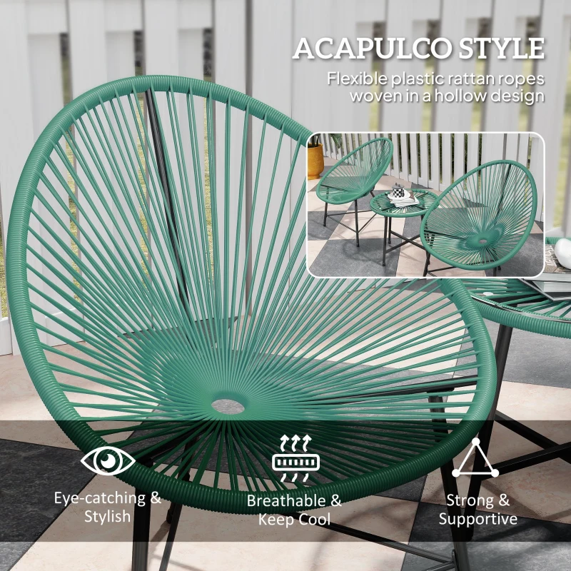 Outsunny Rattan Bistro Set with Acapulco Chairs and Glass Table, Green