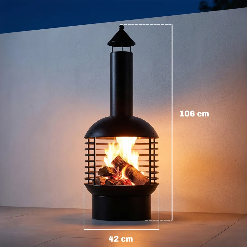 Outsunny Chimney Fire Pit, Portable Wood Burning Firepit with Poker, Charcoal Grid, Outdoor Fireplace for Garden Patio, Black