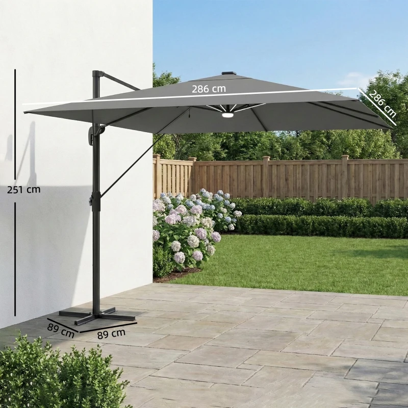 Outsunny 3 x 3 m Garden Cantilever Parasol with Light, Cover, Overhanging Umbrella w/ Wind Protection, 360° Rotation, Light Grey