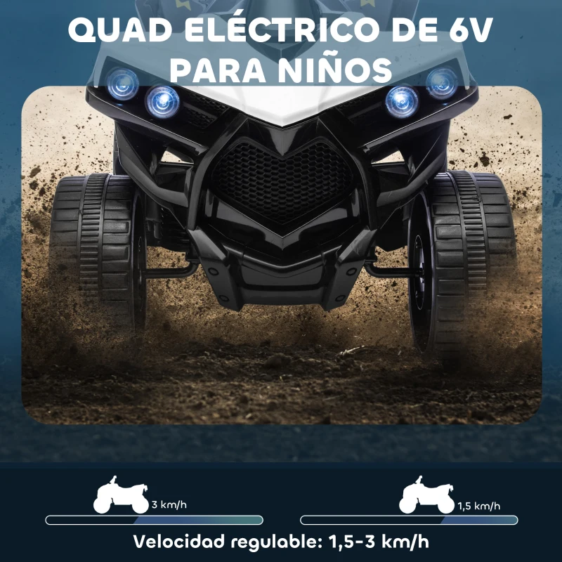 AIYAPLAY Quad Eléctrico para Niños 6 V Quad para Niños de 37 a 72 Meses Velocidad hasta 3 km/h Faros y Música 70x42x45 cm Blanco