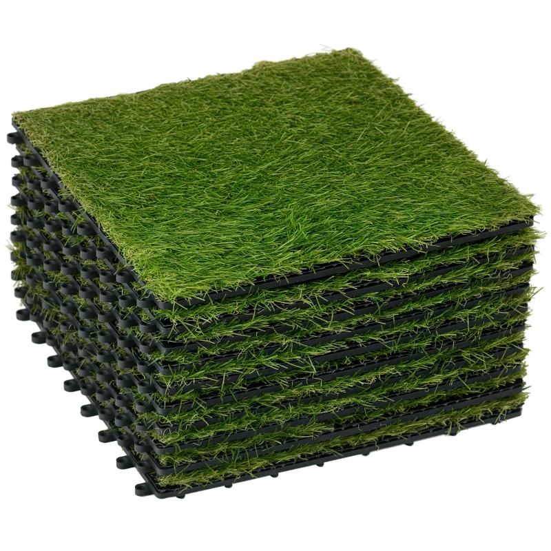 Outsunny 10-Piece Artificial Grass Set, Weatherproof Turf Tiles, 25mm Pile Height, Outdoor Carpet for Garden, Balcony & Patio, 30 x 30cm, Dark Green