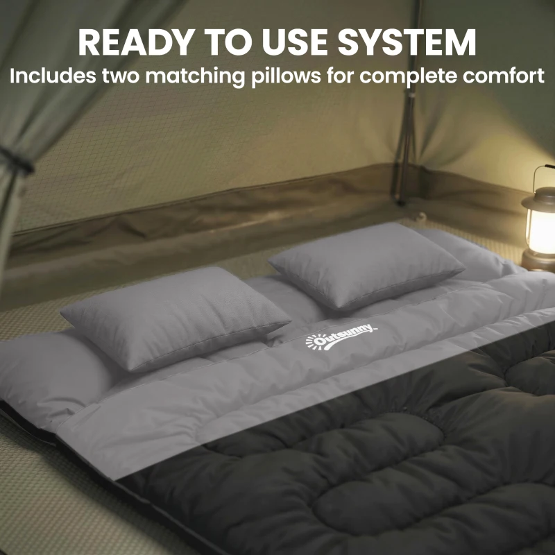 Outsunny Double Sleeping Bag with 2 Pillows, 220 x 160 cm Extra-Large Sleeping Bag for Adults, Black and Grey