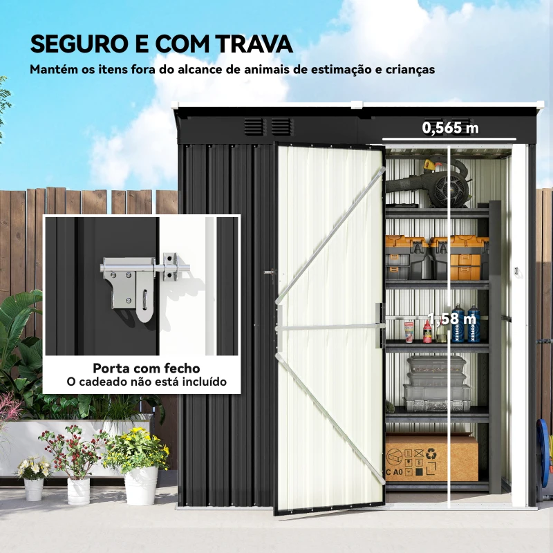 Outsunny Abrigo de Jardim Exterior 1,37 m² 163x90x179 cm com Porta com Fechadura e Grelhas de Ventilação Cinzento Escuro