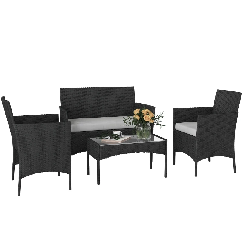 Outsunny 4 Piece Rattan Garden Furniture Sofa Set with Loveseat, Armchairs, Glass-Top Coffee Table and Cushions, Black