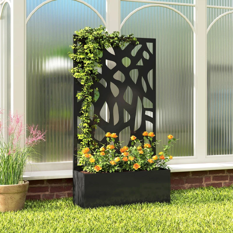 Outsunny Metal Raised Garden Bed with Trellis, Outdoor Planter Box with Privacy Screen, Elevated Garden Box for Climbing Plants