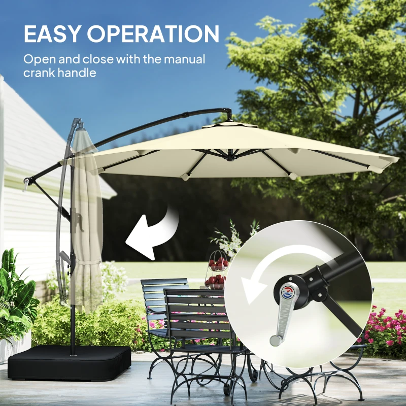 Outsunny 3 m Garden Cantilever Parasol with Cross Base, Sandbag, 360° Rotating Overhanging Banana Umbrella, Beige