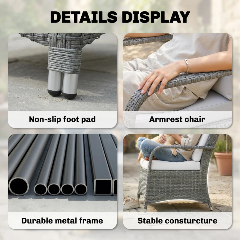 Outsunny 3 Pieces Rattan Bistro Set, Wicker Garden Furniture Set with Metal Frame, Cover, Glass Top Coffee Table, Light Grey