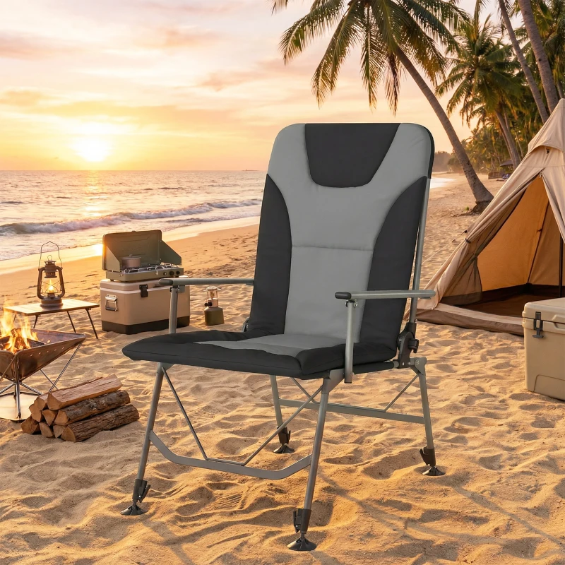 Outsunny Camping Chair Padded Reclining Folding Chair with Wide Armrests for Adults Black