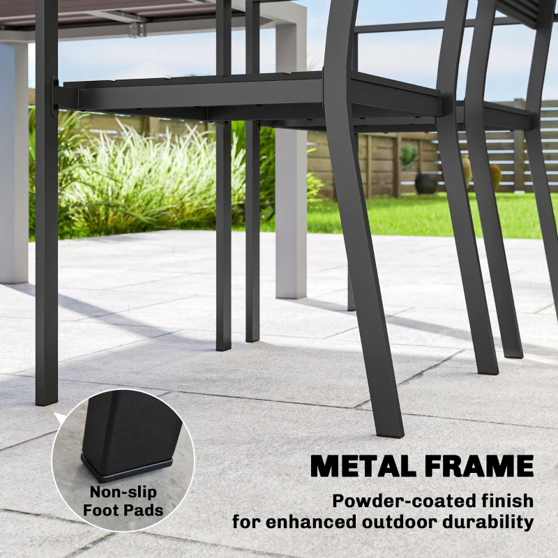 Outsunny Stackable Garden Chairs Set of 4, Garden Dining Chairs with Slatted HDPE Seat Back, Armrests, Metal Frame, Black