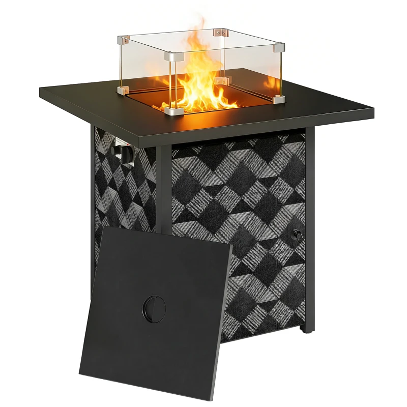 Outsunny Square Propane Gas Fire Pit Table,12 KW Firepit Outdoor Patio Heater with Glass Wind Guard, Lava Rocks, Gas Tank Holder