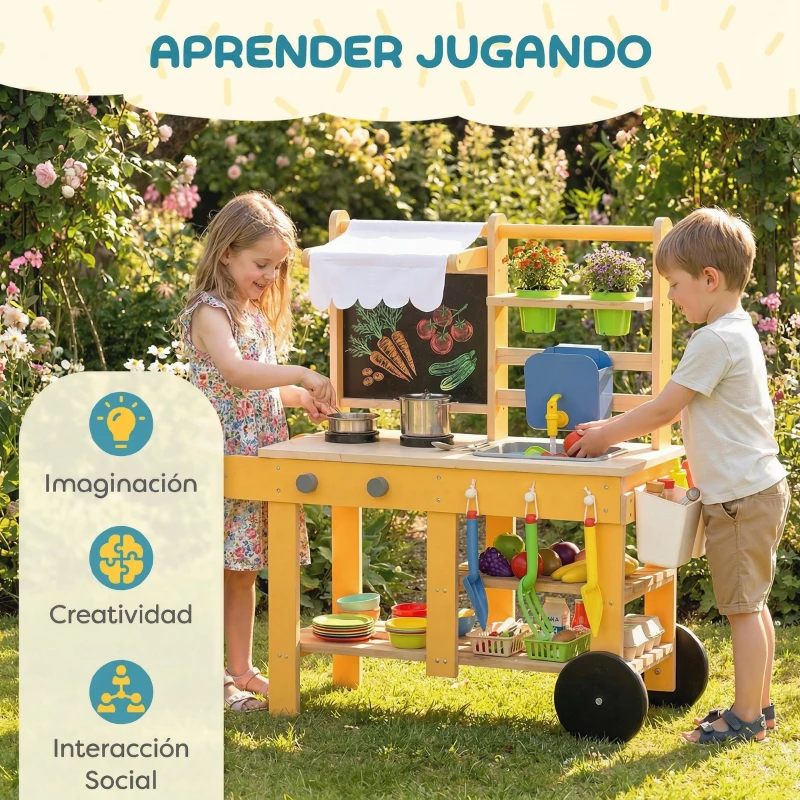 AIYAPLAY Cocina de Juguete Exterior de Madera con Ruedas Agua Real Macetas Pizarra y 15 Accesorios 84,2x34,4x90 cm Amarillo