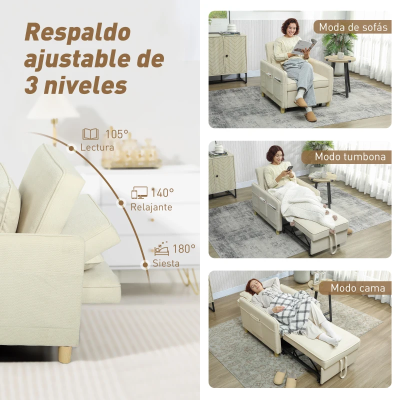 HOMCOM Sillón Cama Individual 3 en 1 Sofá Cama Plegable con Respaldo Ajustable y Cojín para Salón 74x85,5x82 cm Beige