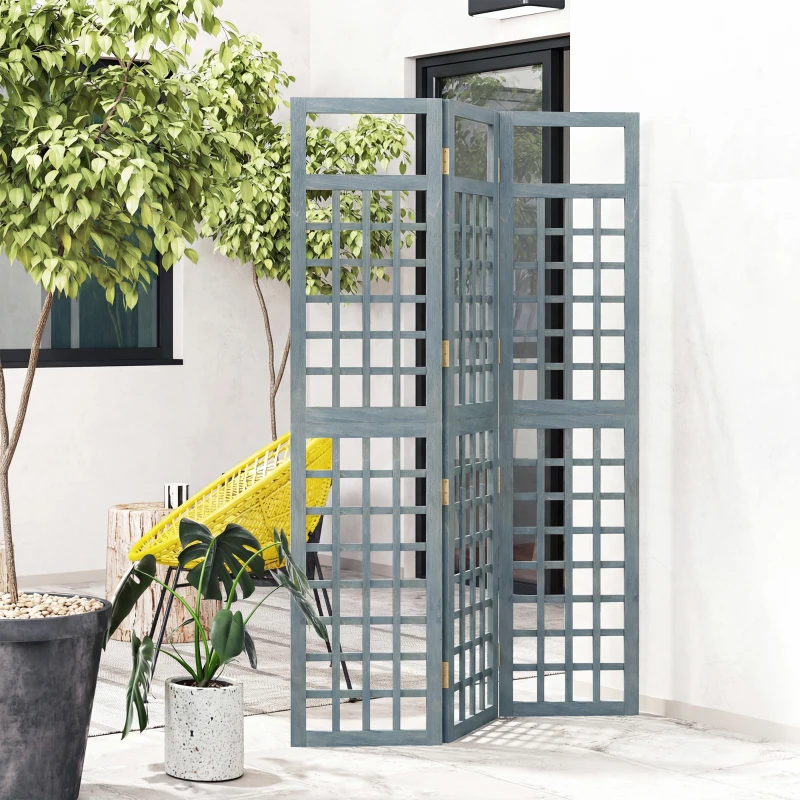 Outsunny 3-Panel Garden Privacy Screen, Freestanding Foldable Wooden Outdoor Divider/Trellis, Decorative Privacy Screen, Grey