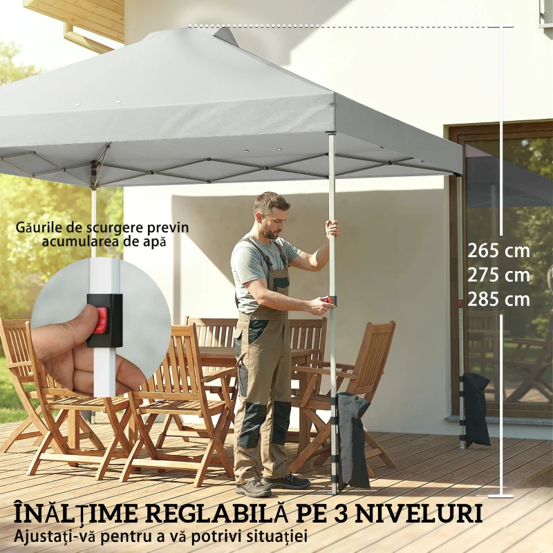 Outsunny Pavilion 3x3 m impermeabil reglabil pe înălțime pop-up pliant cu 3 pereți laterali ferestre ventilație, UV 50+ Gri deschis