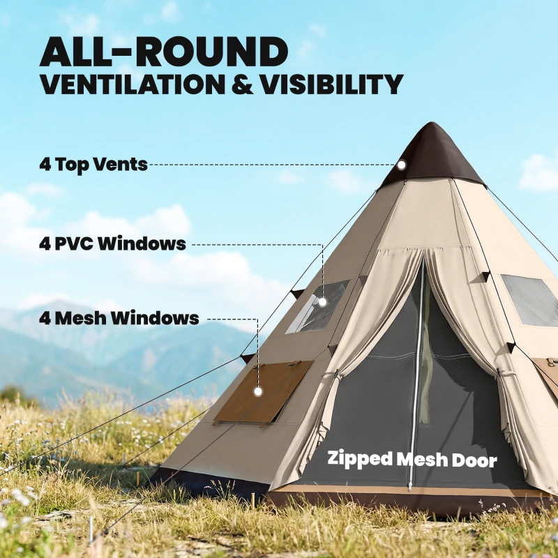 Outsunny 6 Men Tipi Tent with Carry Bag - Khaki