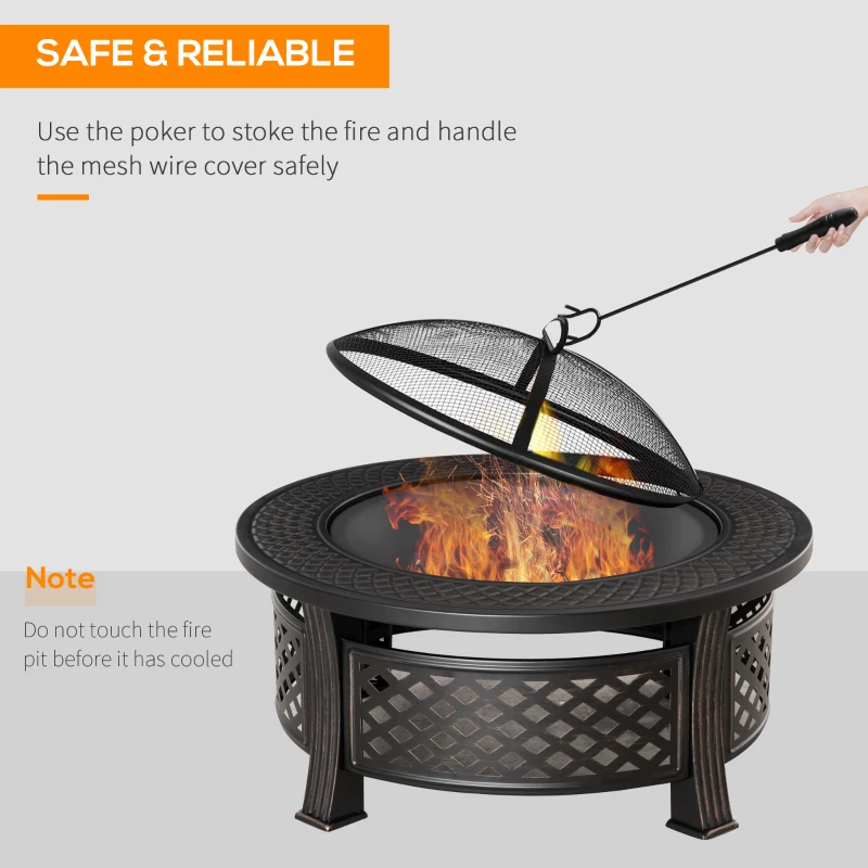 Outsunny Outdoor Fire Pit, Firepit with Grill Net, Mesh Lid, Poker, for Camping, Bonfire, Picnic, Bronze Tone