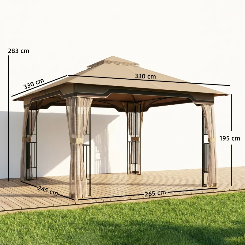 Outsunny 3.3 x 3.3 m Outdoor Garden Gazebo with Post Shelves, UPF50+ Patio Permanent Pavilion with Hook, Khaki