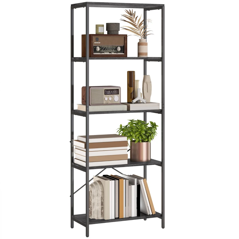 HOMCOM 5-Tier Bookshelf, Industrial Bookcase with Metal Frame - Dark Grey and Black